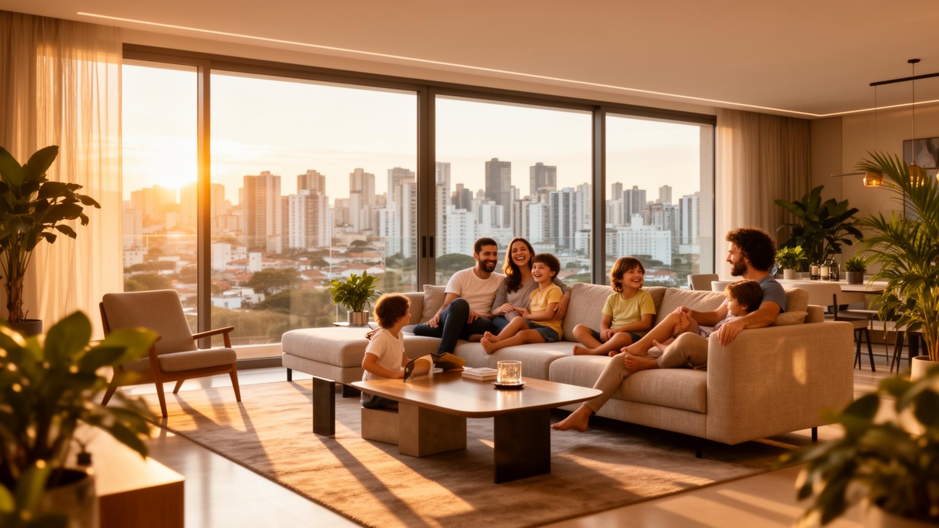 Família feliz em apartamento moderno em Guarulhos protegido pelo seguro residencial da Patro Seguros